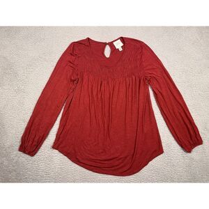Knox Rose Womens Long Sleeve Relaxed Fit XS Solid Red/Maroon‎ Smocked Neck